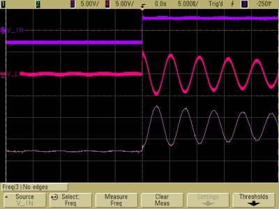 Decaying oscillations in underdamped LRC circuit, V_L, V_C, expanded